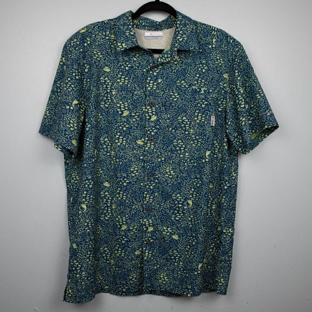 Columbia PFG blue green marlin ditzy print shirt-M